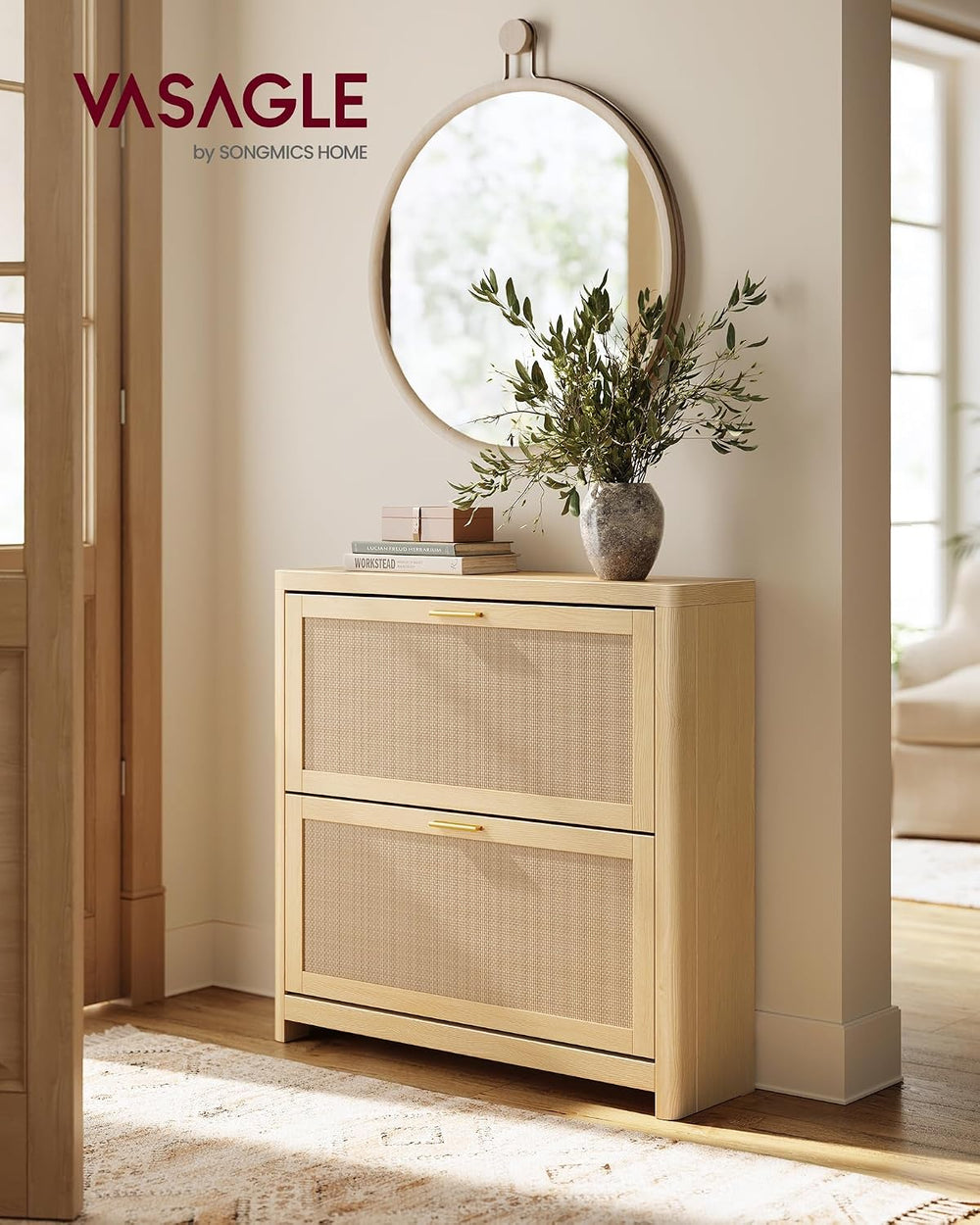 VASAGLE Boho Shoe Storage Cabinet, Slim, Rattan-Look Flip Drawers