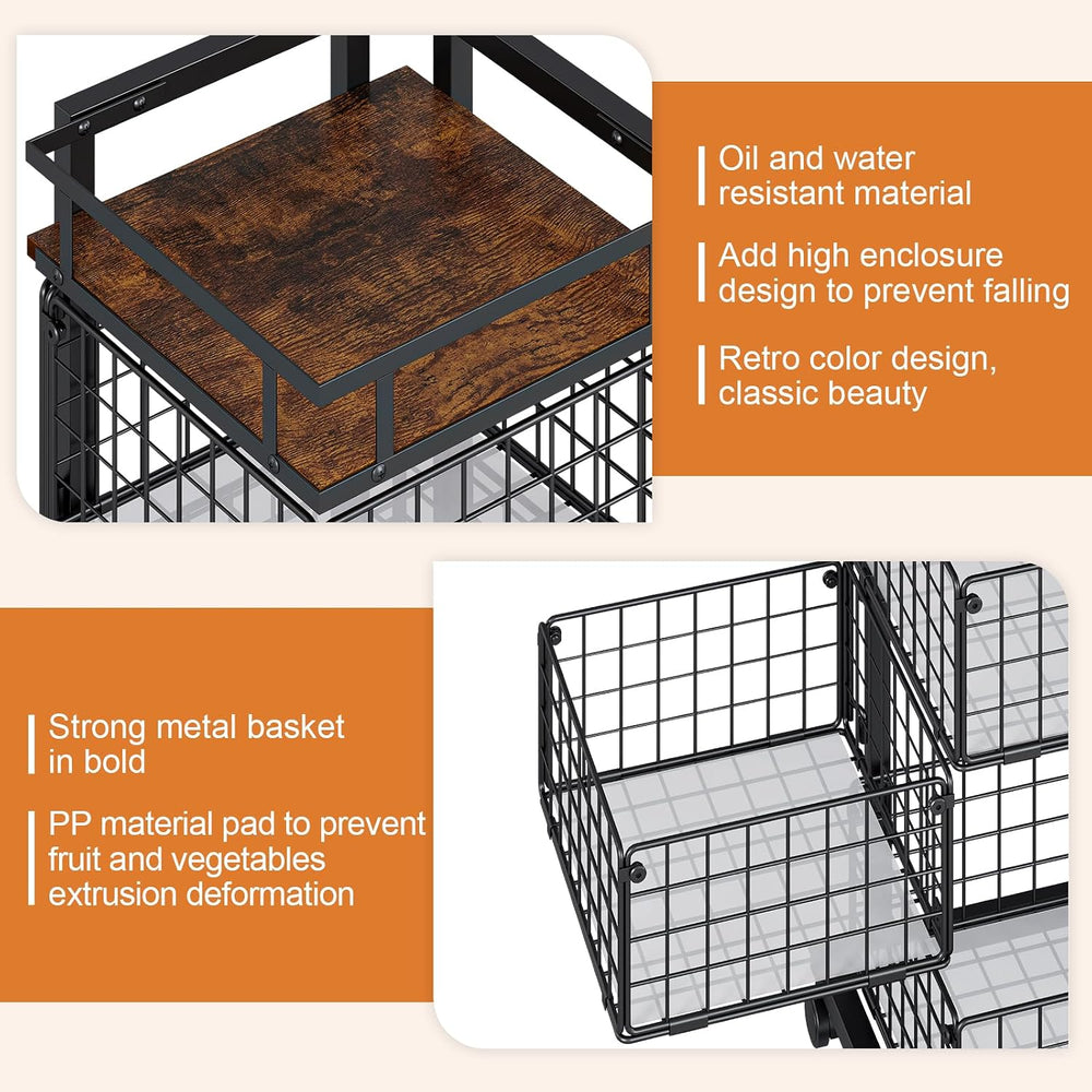 4-Tier Kitchen Storage Cart, Rotating Fruit Vegetable Storage Cart, Rolling K...