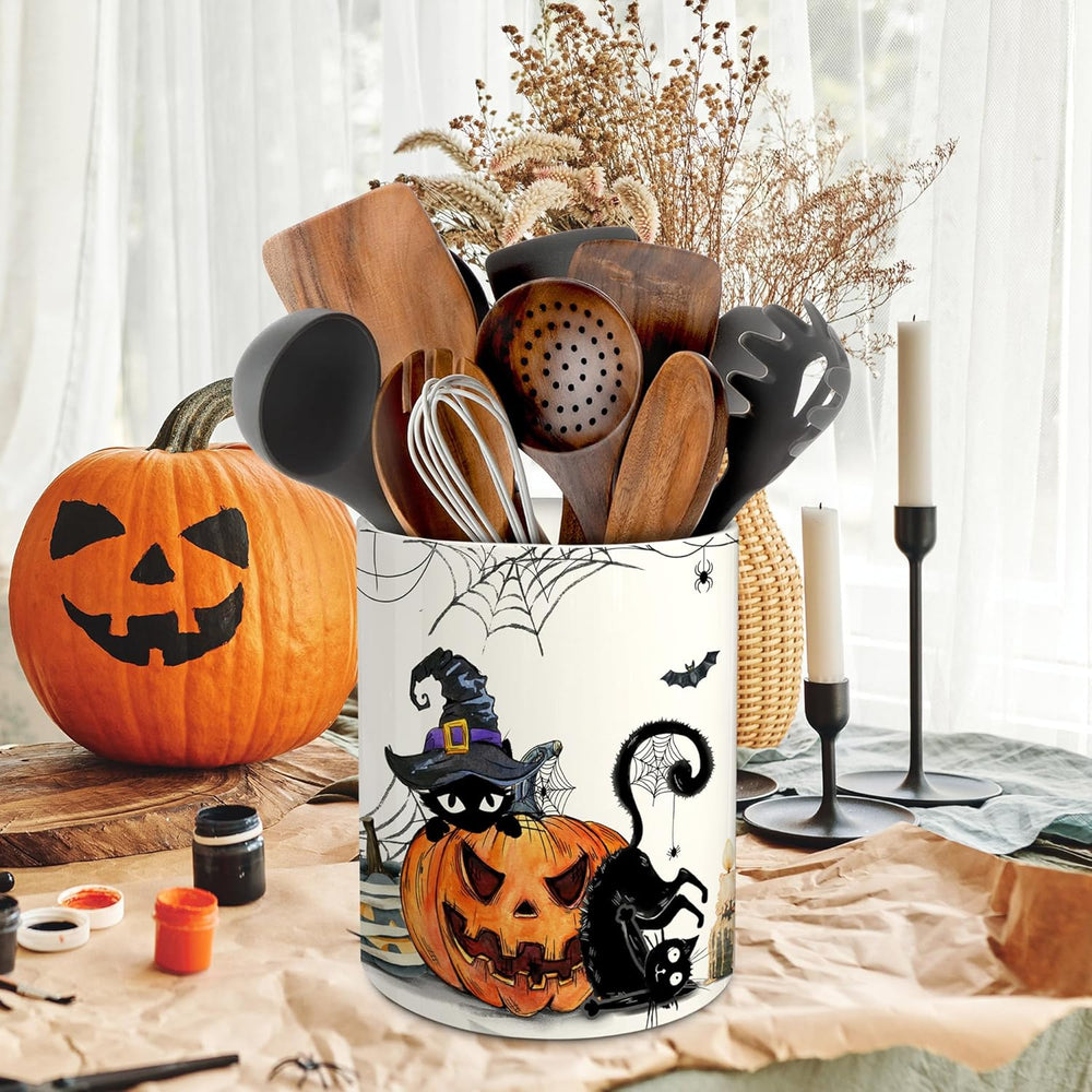 pinata Halloween Kitchen Decor, Ceramic Halloween Cat Utensil Holder