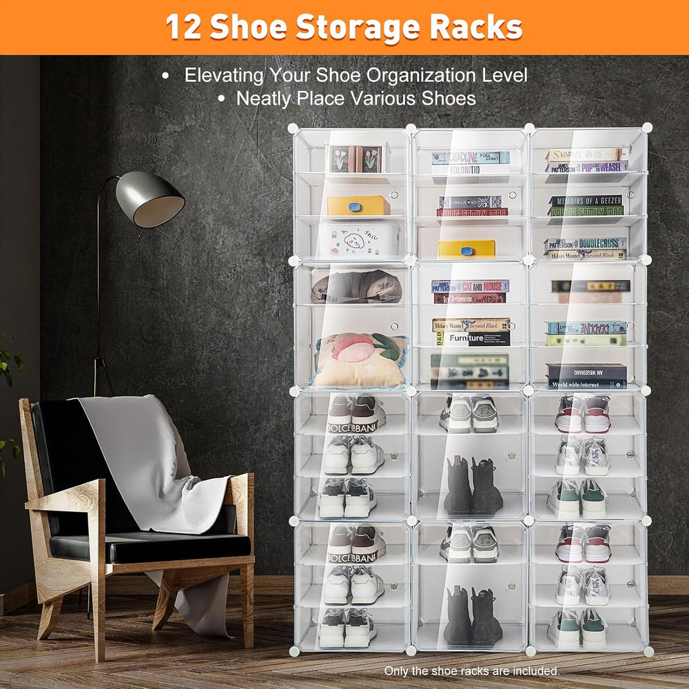 12-Tier 3-Line Dustproof Shoe Boxes 72 Pairs Clear Shoe Rack Organizer Stacka...