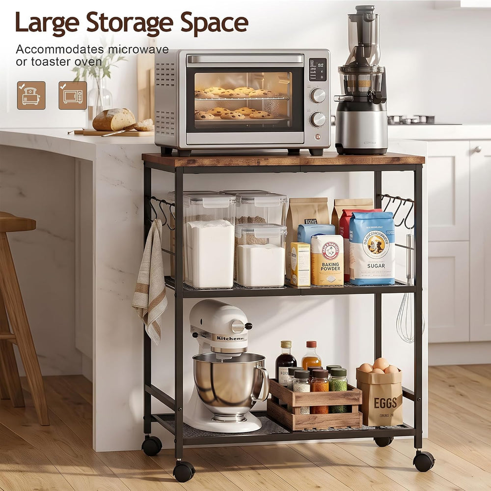 3-Tier Rolling Kitchen Microwave Cart with Storage, Mobile Kitchen Utility Ca...