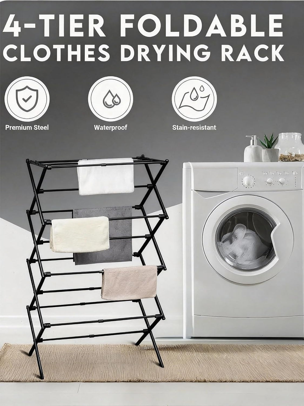 ZOES HOMEWARE 4-Tier Clothes Drying Rack, 4ft High Foldable Drying Rack Cloth...