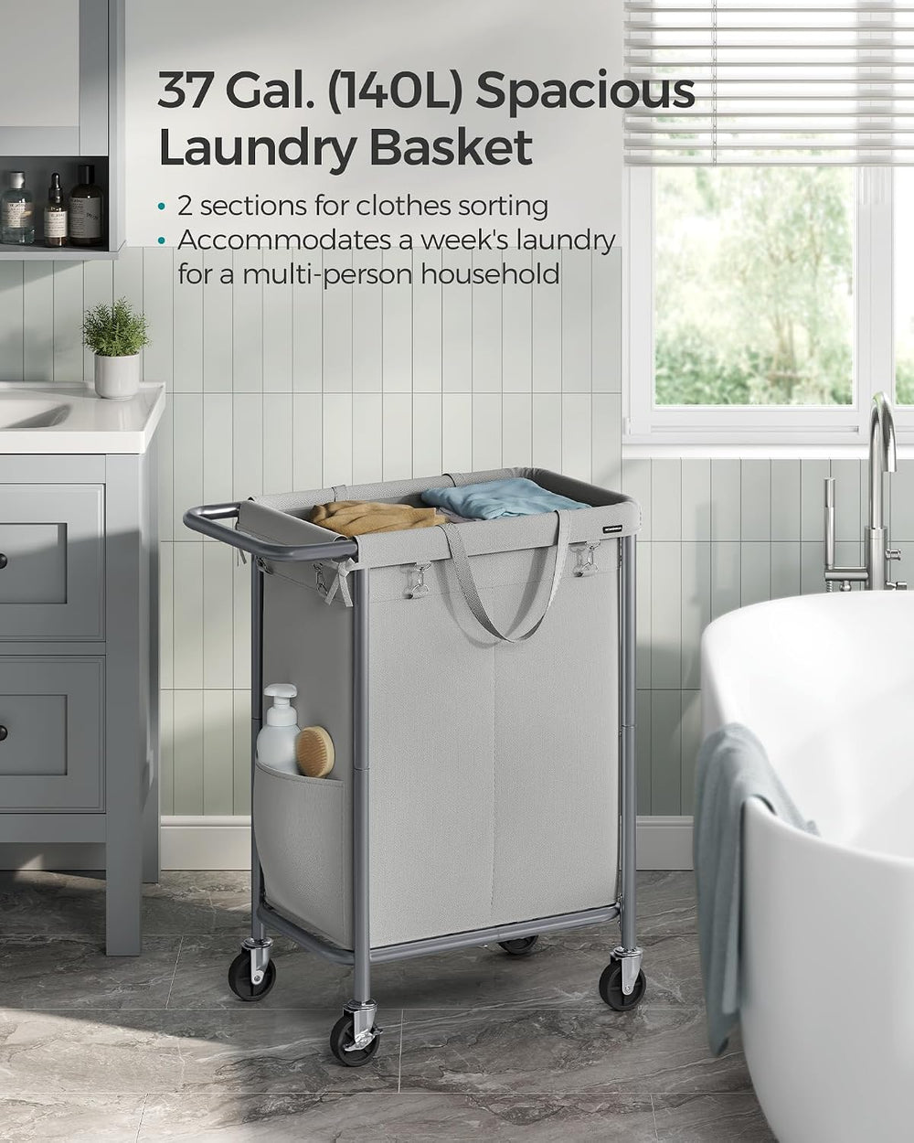 SONGMICS Laundry Basket with Wheels, 1-Section, 23.8 Gallons (90 L)