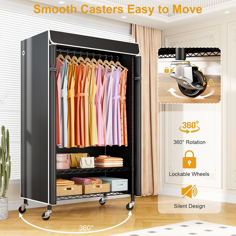 ULIFHOME P6C Rolling Clothes Rack with Cover, 3-Tier Covered Clothing Rack