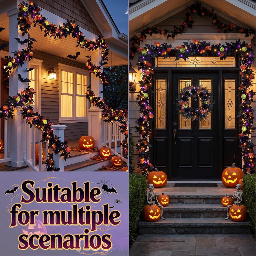 6FT Pre-Lit Halloween Garland with Lights, 2Pcs Black Rose Garland