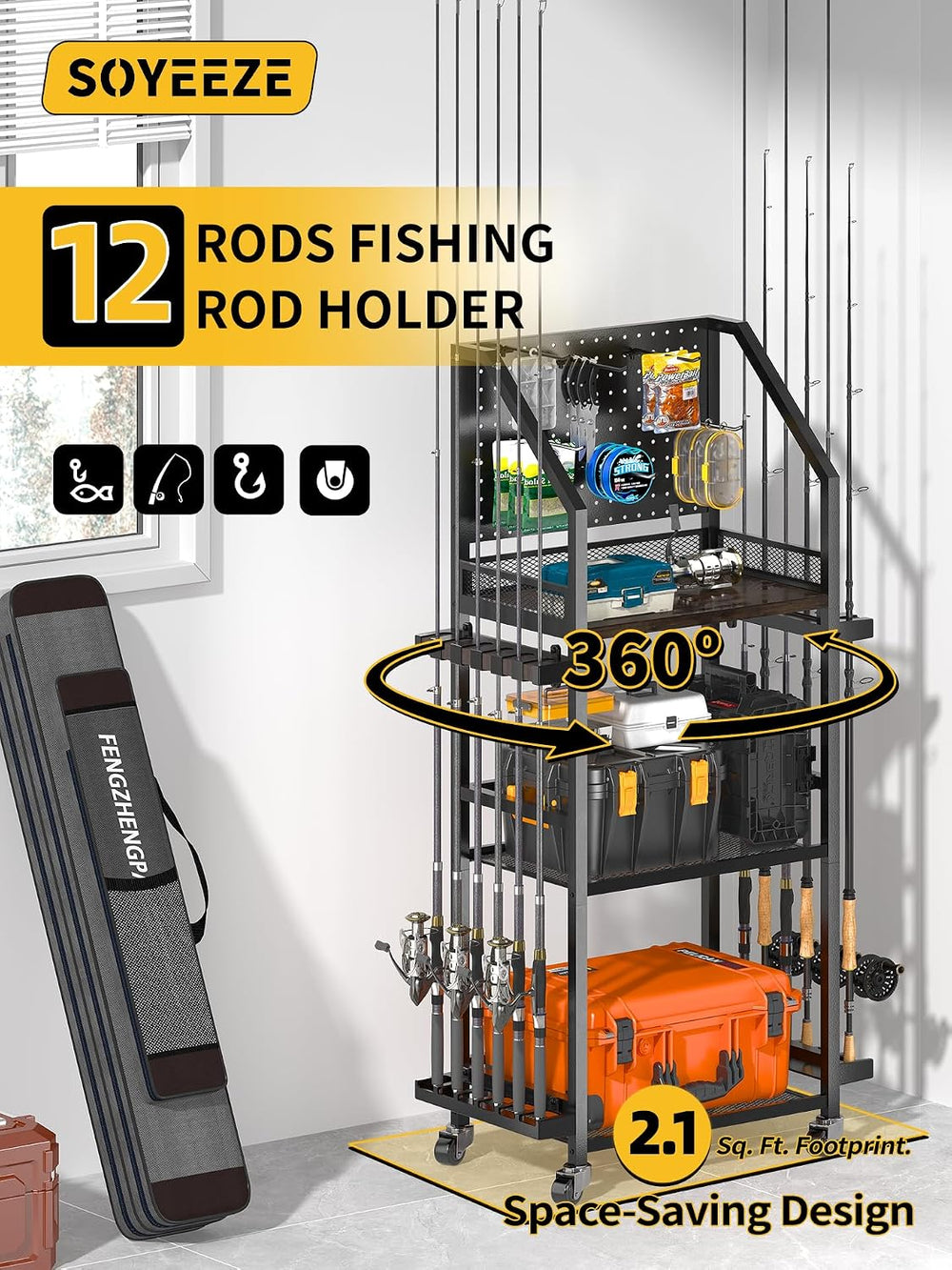 SOYEEZE Fishing Rod Holders for Garage, Fishing Pole Holders Up to 12 Rods wi...