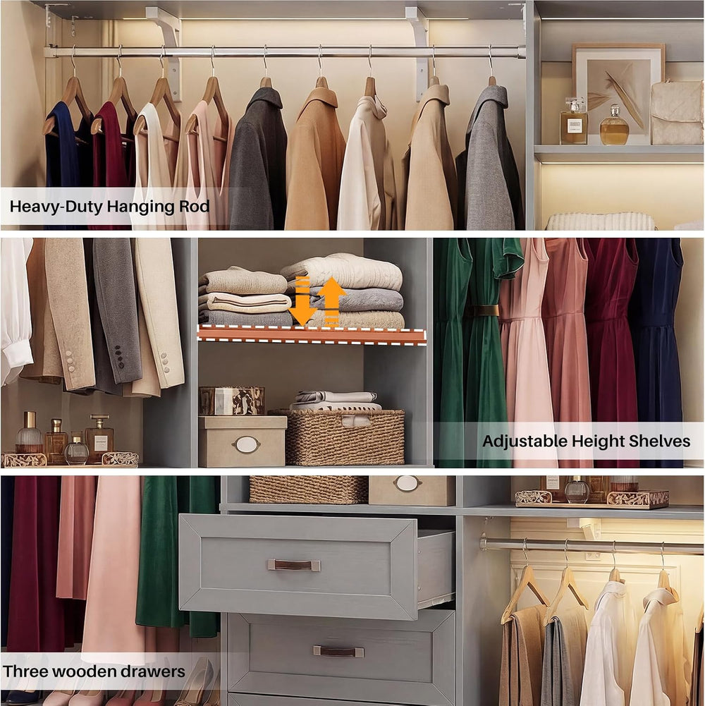 8FT Closet System with 3 Curved Drawers, 96'' Wooden Walk-in Closet O...