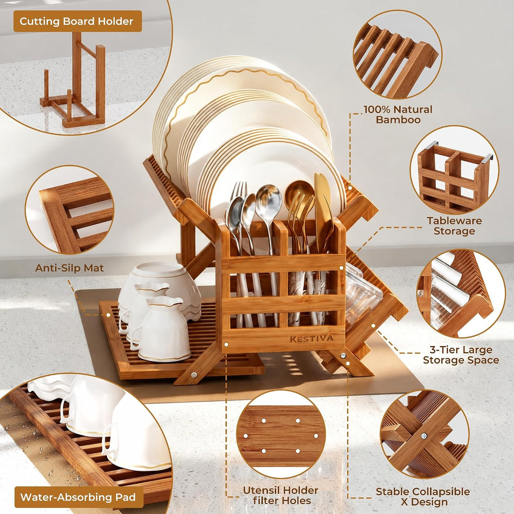 Teak Dish Drying Rack with Utensil Holder 3 Tier Dish Drainer