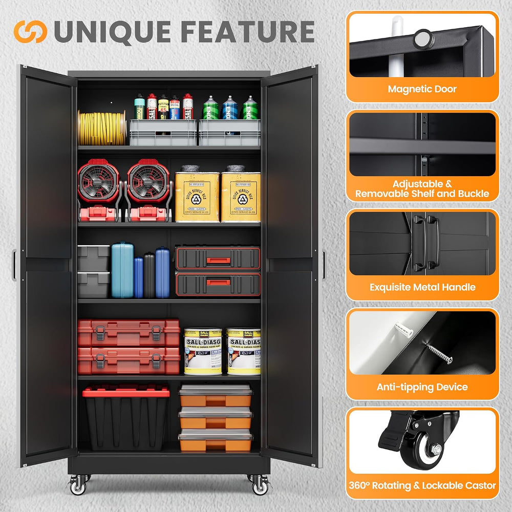 72" Tall Rolling Metal Garage Cabinets, Wheeled Black Storage Cabinet