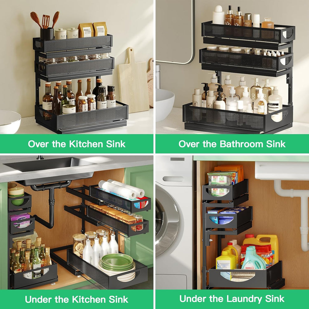 Under Sink Organizer, 2-Pack 3-Tier Pull Out Cabinet Organizers and Storage