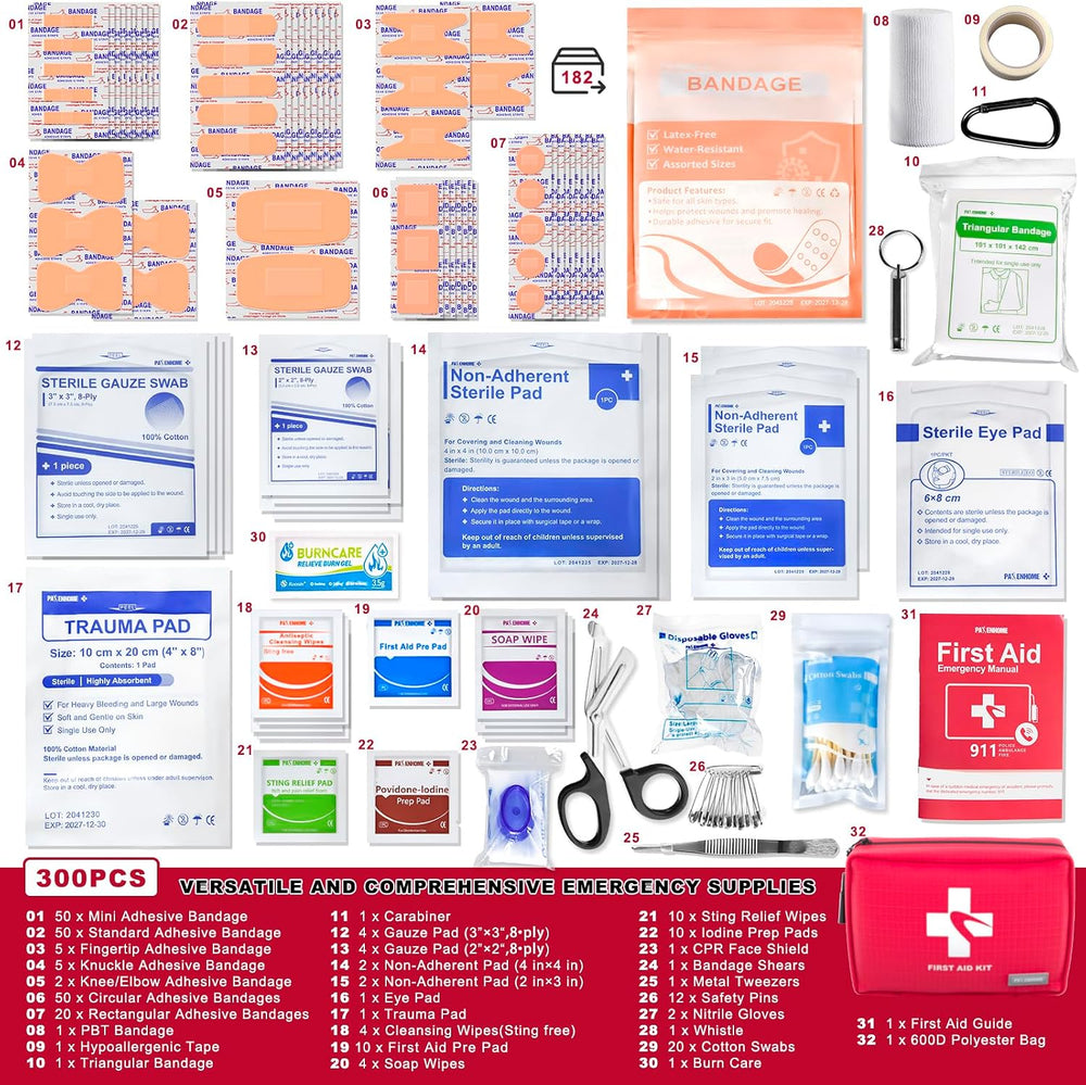 300 Piece First Aid Kit, Compact Waterproof First Aid Bag with 9 Organized Co...