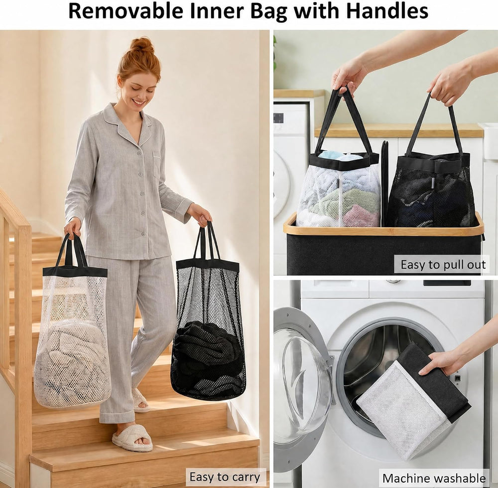 efluky Double Laundry Hamper with Lid and 2 Removable Bags, Black