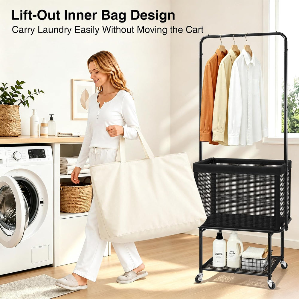 STO STO Rolling Laundry Cart with Hanging Bar, Laundry Hamper with Wheels