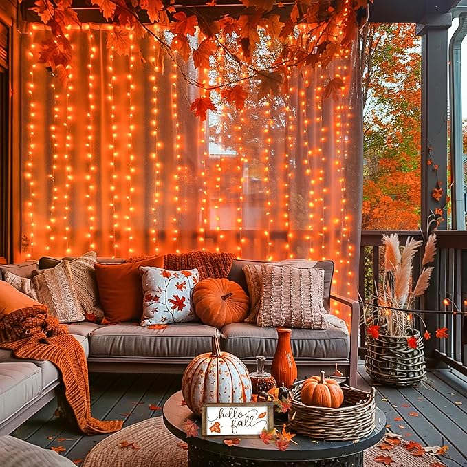JMEXSUSS 300LED Orange Halloween Lights with Remote, 9.8x9.8ft Halloween Curt...
