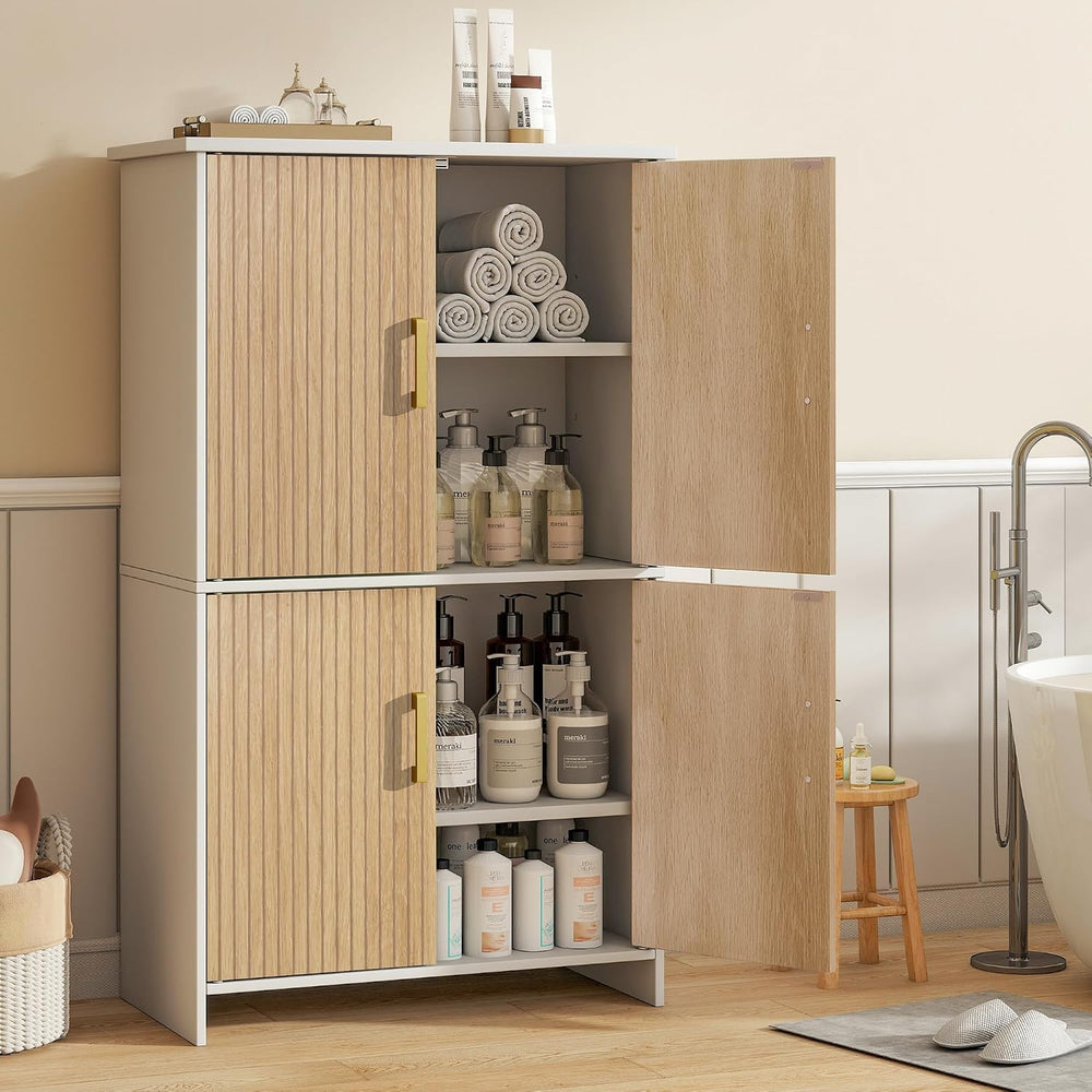 Bathroom Storage Cabinet, Floor Cabinet with 4 Fluted Doors and 2 Adjustable ...