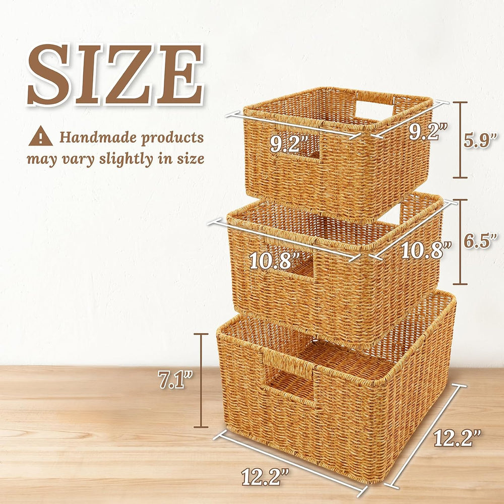 WeeNest Baskets with Handles, Wicker Storage, Set of 3, Amber