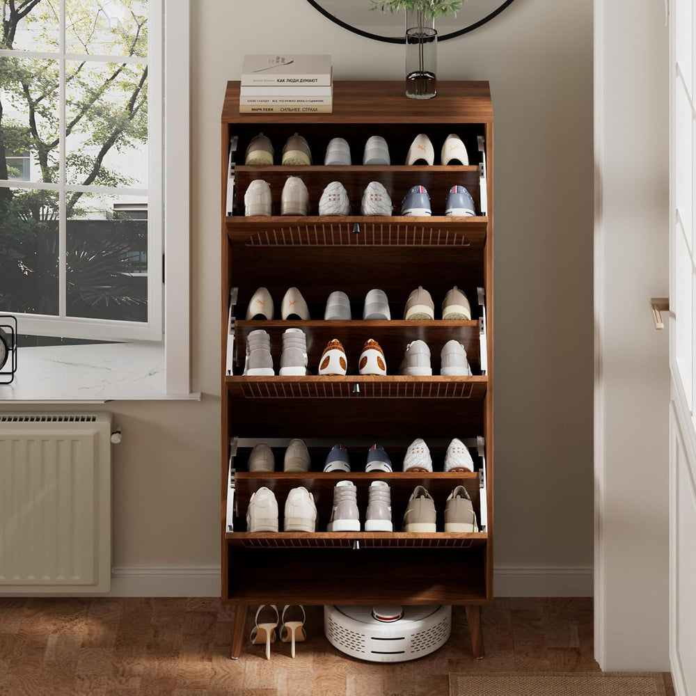 Fsbecl Shoe Storage Cabinet for Entryway with 3 Fluted Flip Drawers, Walnut