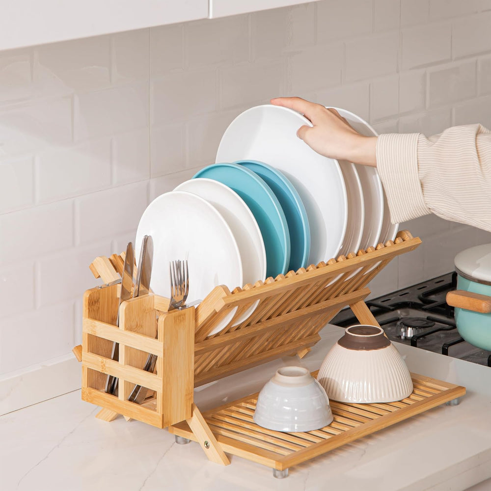 HBlife Bamboo Dish Drying Rack with Utensil Holder, 3-Tier Large Collapsible ...