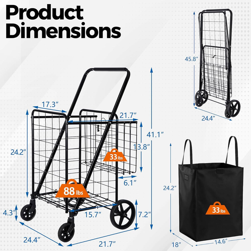 Foldable Shopping Utility Cart Portable Grocery Cart with 360° Whees Double W...