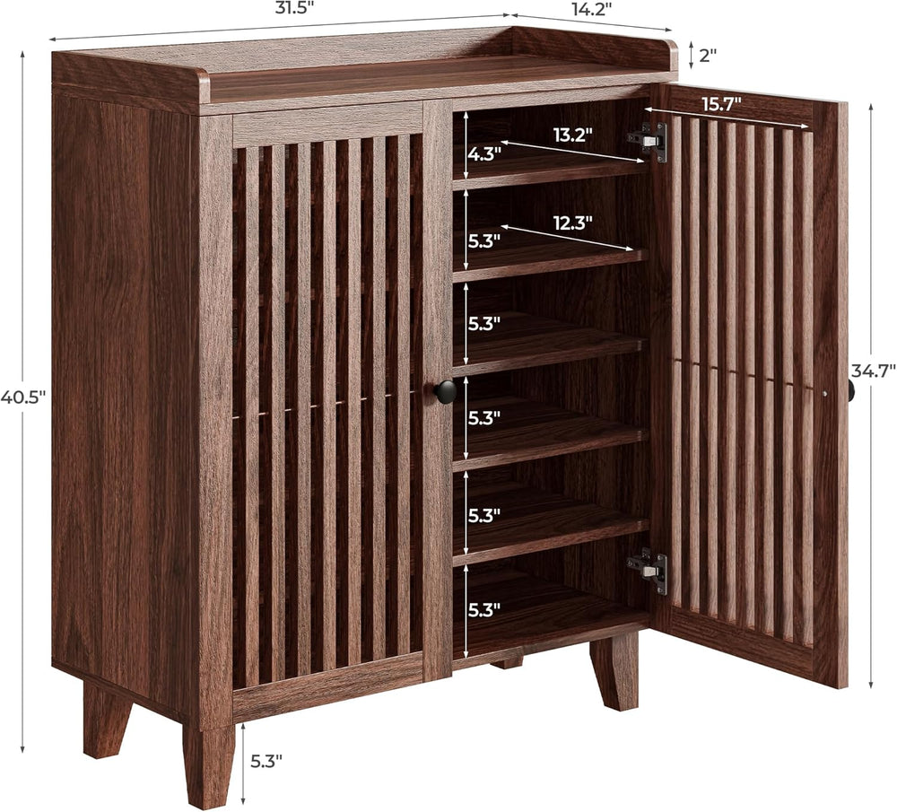 IRONCK Shoe Cabinet with Slatted Doors, 6-Tier Shoe Storage Cabinet, Walnut