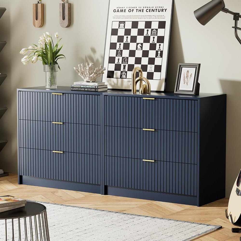 Fluted 3 Drawer Dresser for Bedroom, 31.5" Wide Chest of Drawers, Navy Blue