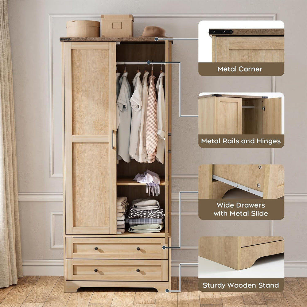 Brafab Wooden Armoire Wardrobe Closet with Drawers, Natural, Set of 2