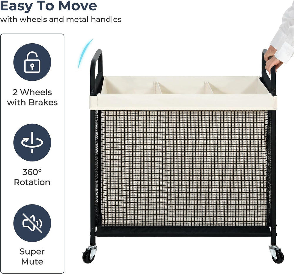 STO STO Laundry Hamper 3 Section, 120L Rolling Laundry Sorter Cart with Remov...