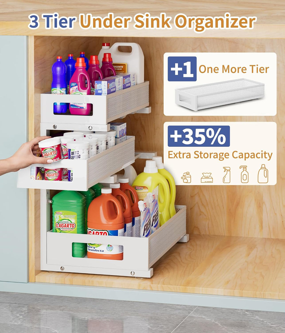 Under Sink Organizer, Pull Out Under Kitchen Sink Organizers, 2 Pack 3 Tier