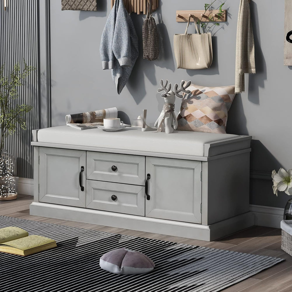 Knocbel 42.5" Storage Bench with Removable Cushion, 2 Drawers and 2 Cabi...
