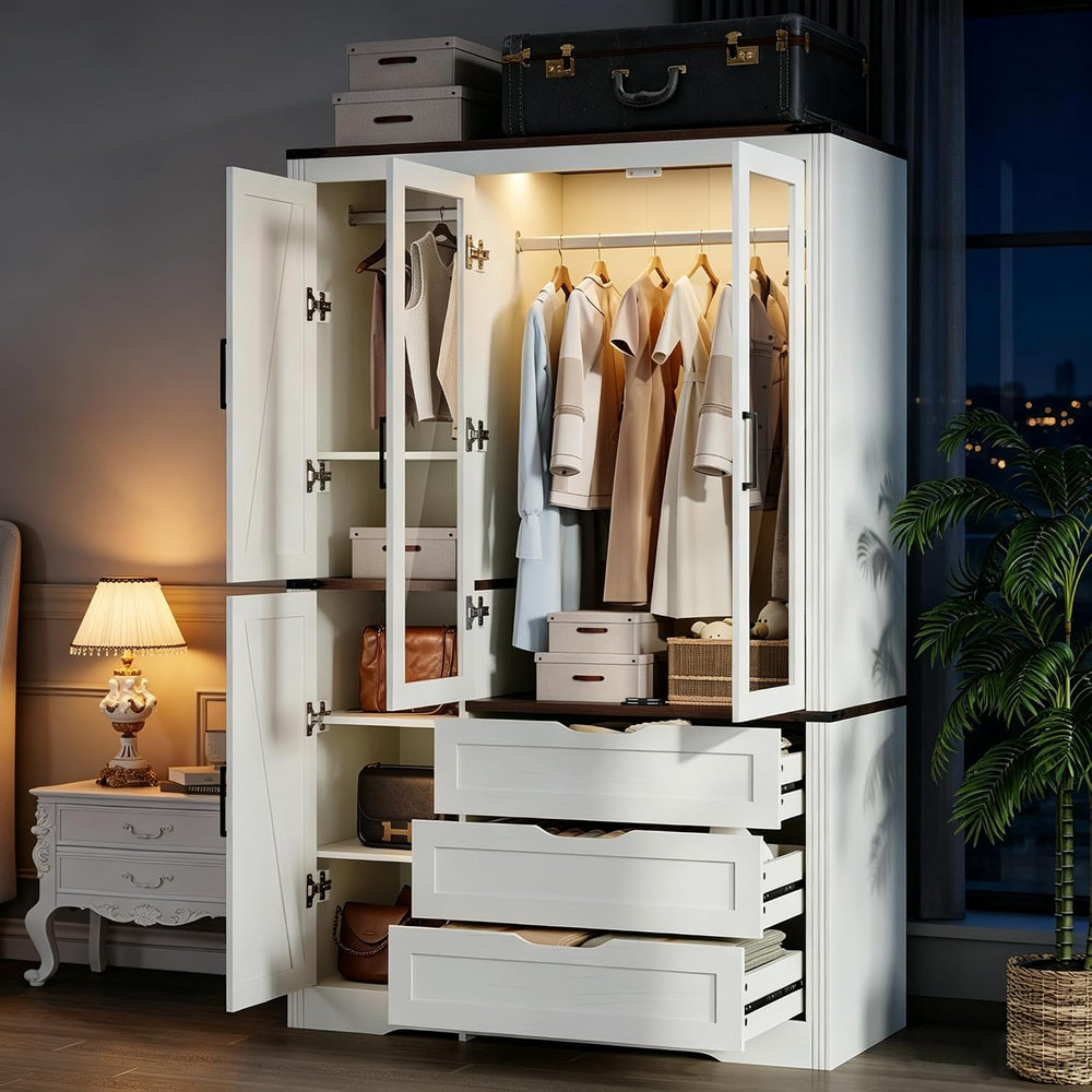 Concho 73'' Wood Farmhouse 4 Doors Armoire Wardrobe Closet with LED L...