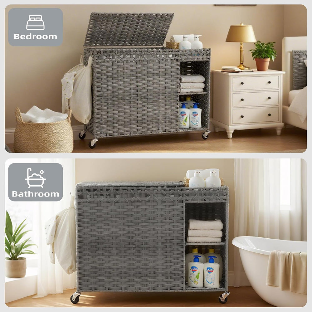 Laundry Hamper with Lid, 160L Rattan Wicker Laundry Basket with Wheels, Handw...