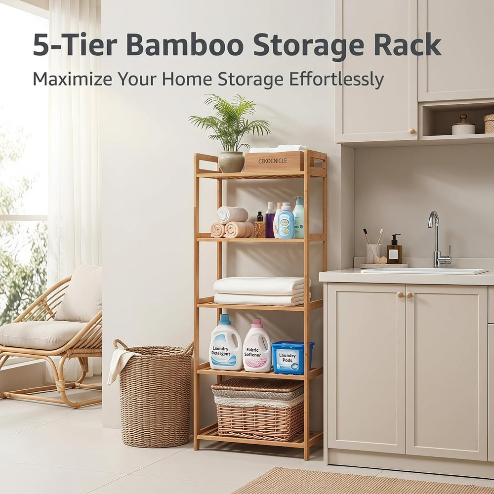 Bamboo Bathroom Shelf Organizer, 5 Tier Wooden Bathroom Rack with Adjustable ...
