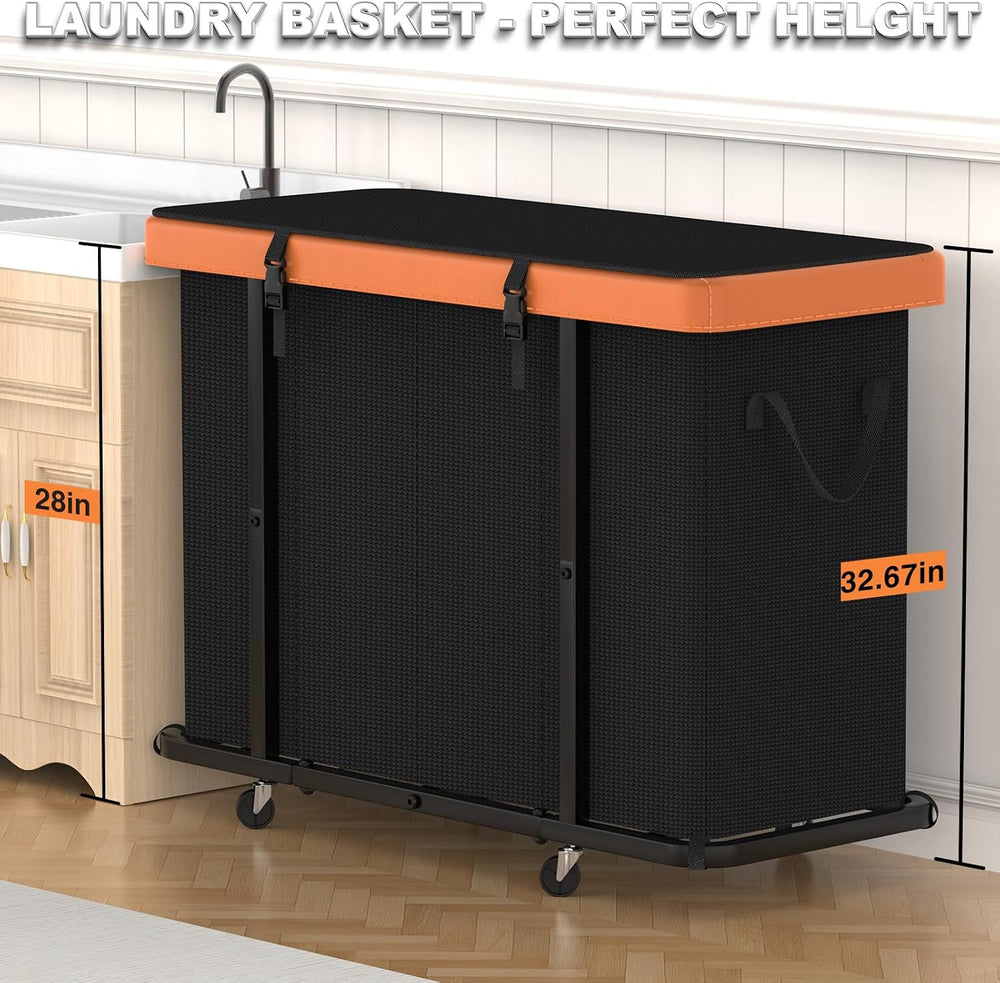 Laundry Basket with Wheels, 300L Leather Patchwork Laundry Sorter 4 Section