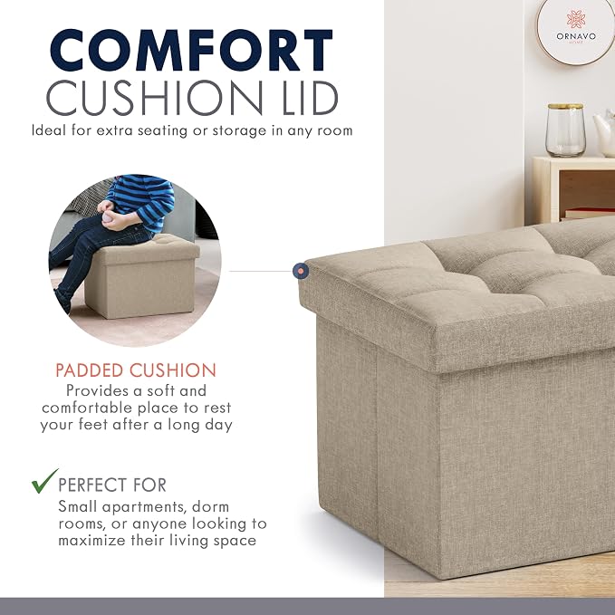 Ornavo Home Small Storage Ottoman, Foldable Collapsible Rectangle Linen Ottom...