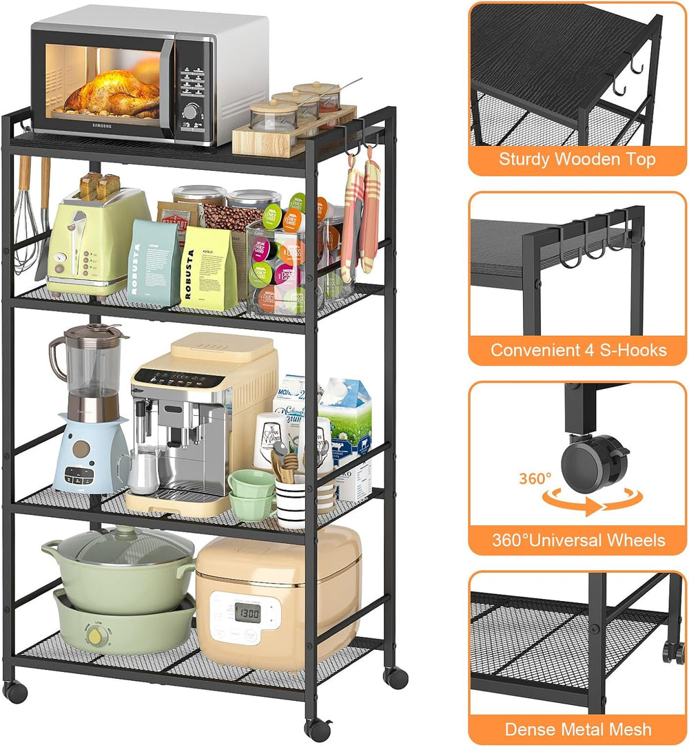 4-Tier Rolling Microwave Cart, Kitchen Storage Cart with Wooden Tabletop