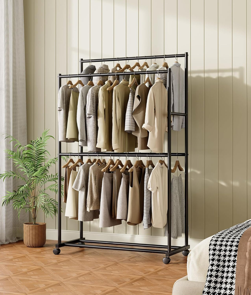 Clothes Rack - 36.2" x 21.3" x 72", 4-Bar Double Rod Rolling M...