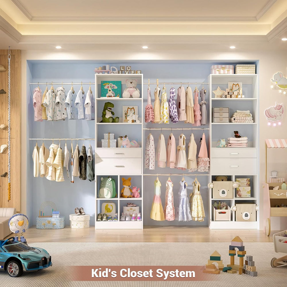 Besiost Closet System, 7.4ft-10ft with 4 Wooden Drawers and 5 Hanging Rods, C...
