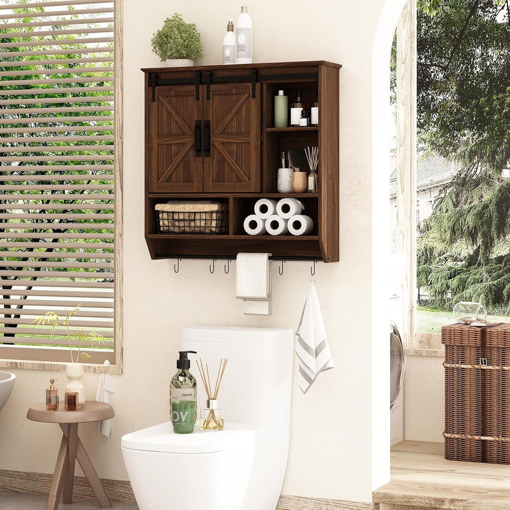 RUSTOWN Farmhouse Bathroom Wall Storage Cabinet with Sliding Barn Doors