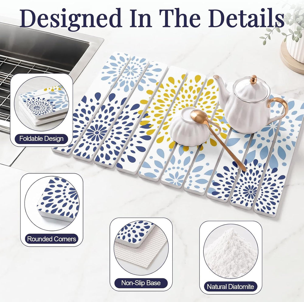 Large Stone Dish Drying Mat Set for Kitchen Counter Blue Mandala
