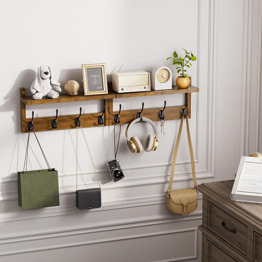 STELLSTAR Coat Rack with Shelf Wall Mount, Entryway Bamboo Hanging Shelf, Set...