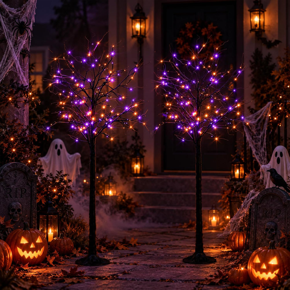 Cofiyard 2 Pack 6FT Halloween Tree with Lights, Total 288 LED Purple & Or...