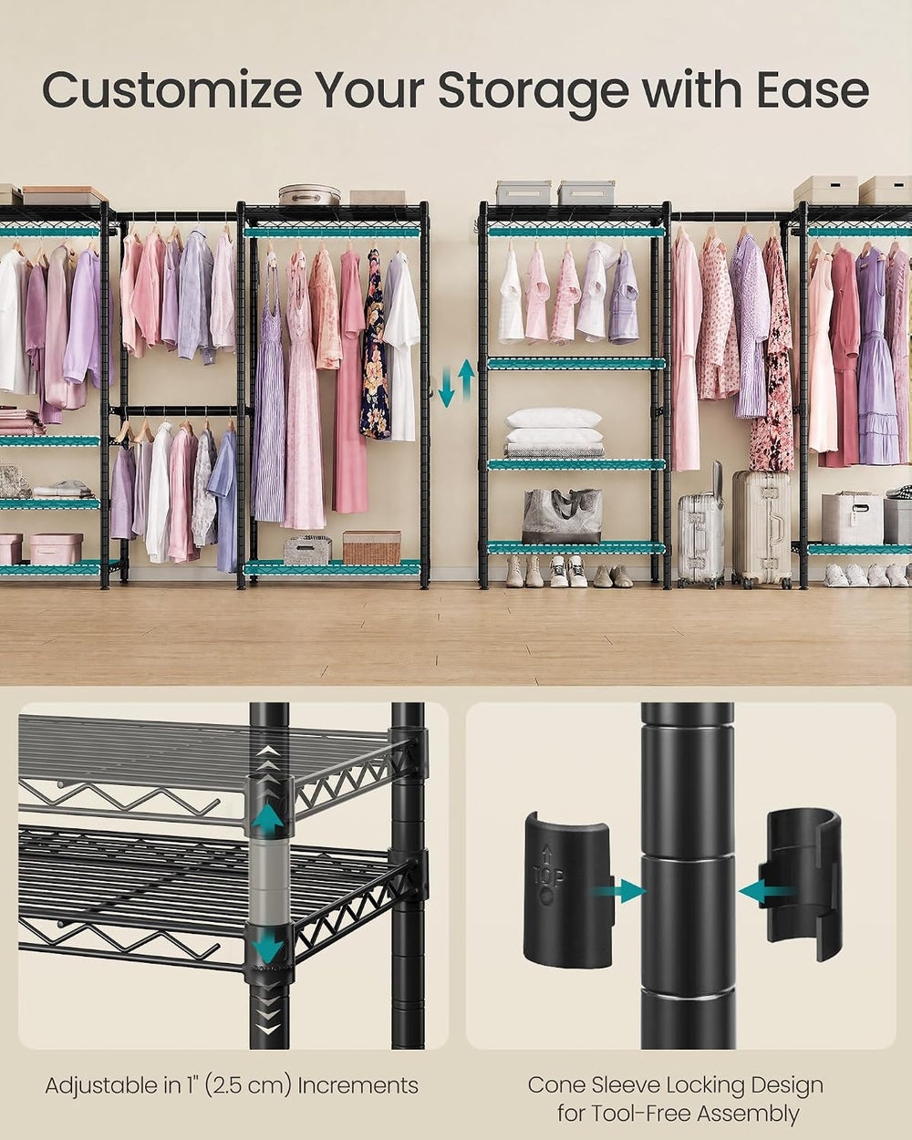 SONGMICS clothes rack, Adjustable Mesh Shelves and Hanging Rails