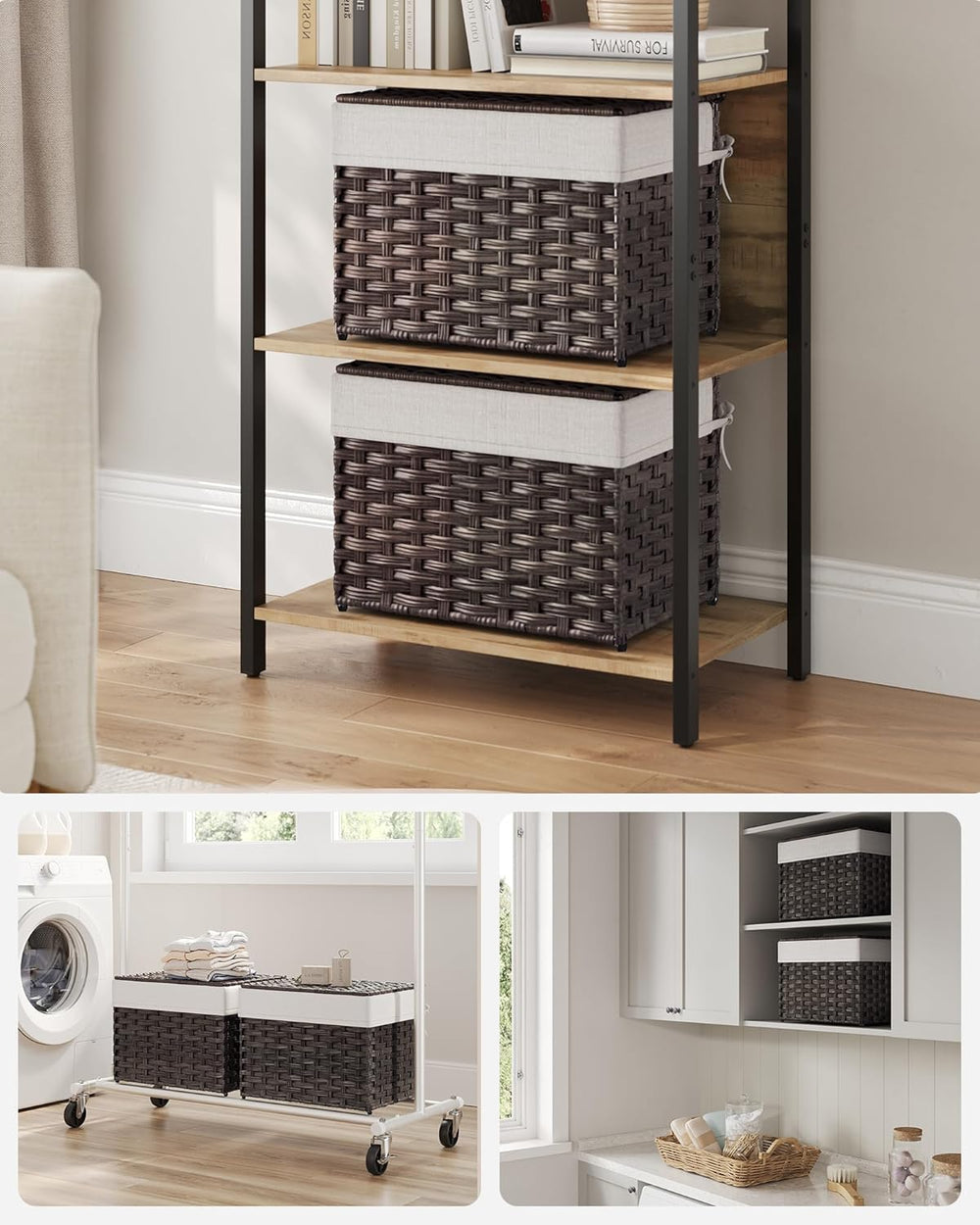 SONGMICS Woven Storage Basket with Lid, 9.2 Gallon (35L), Foldable