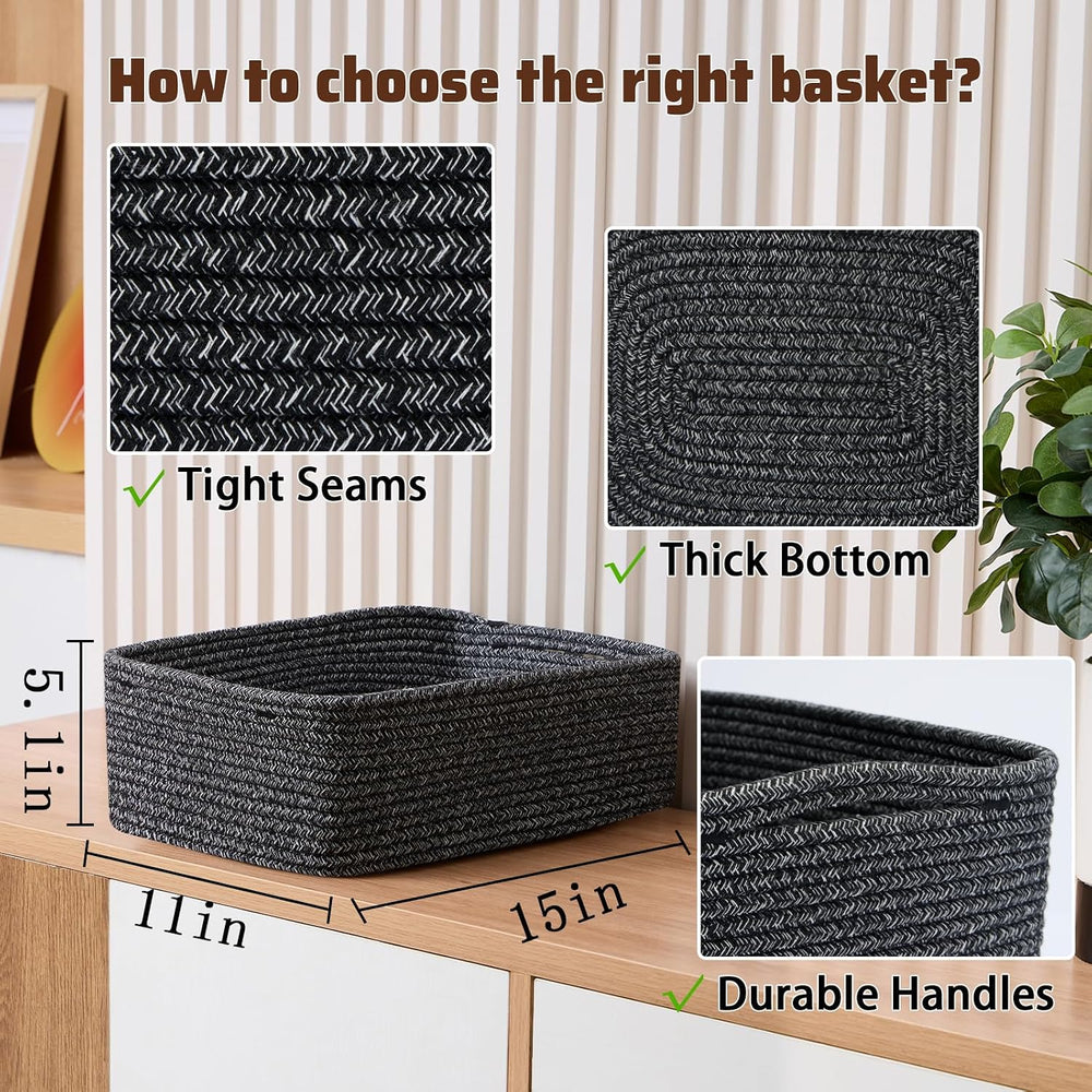 MiniArk Large Shallow Organizing Baskets 15x11x5.1 Inches - Rope Woven Storag...
