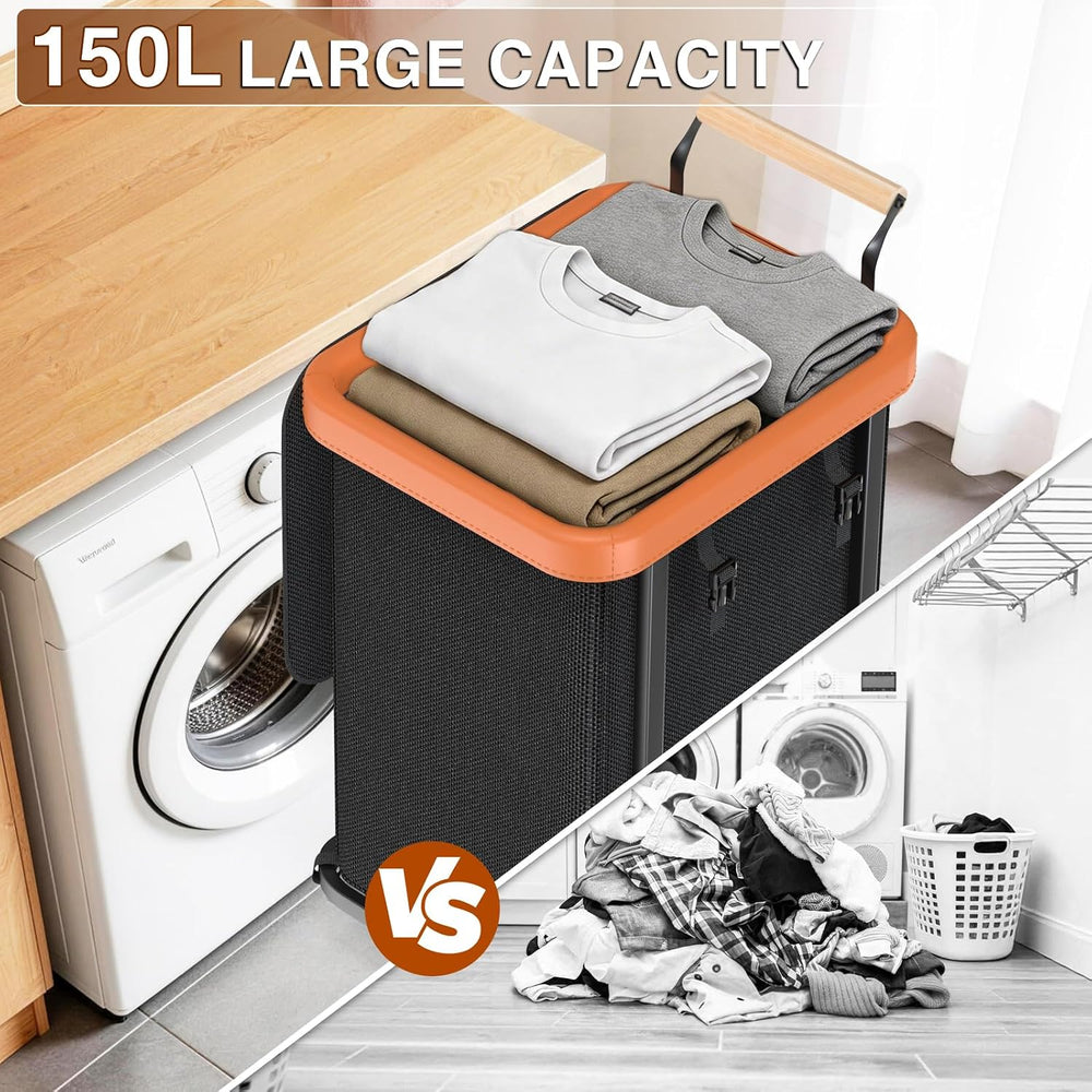 Laundry Hamper with Lid,Leather Patchwork Laundry Basket with Wheels 40Gal