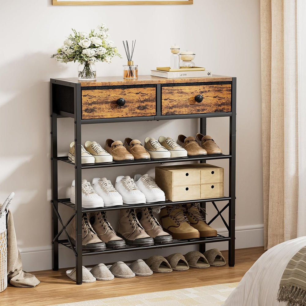 4 Tier Shoe Rack with 2 Drawers, 12-16 Pairs Rustic Brown