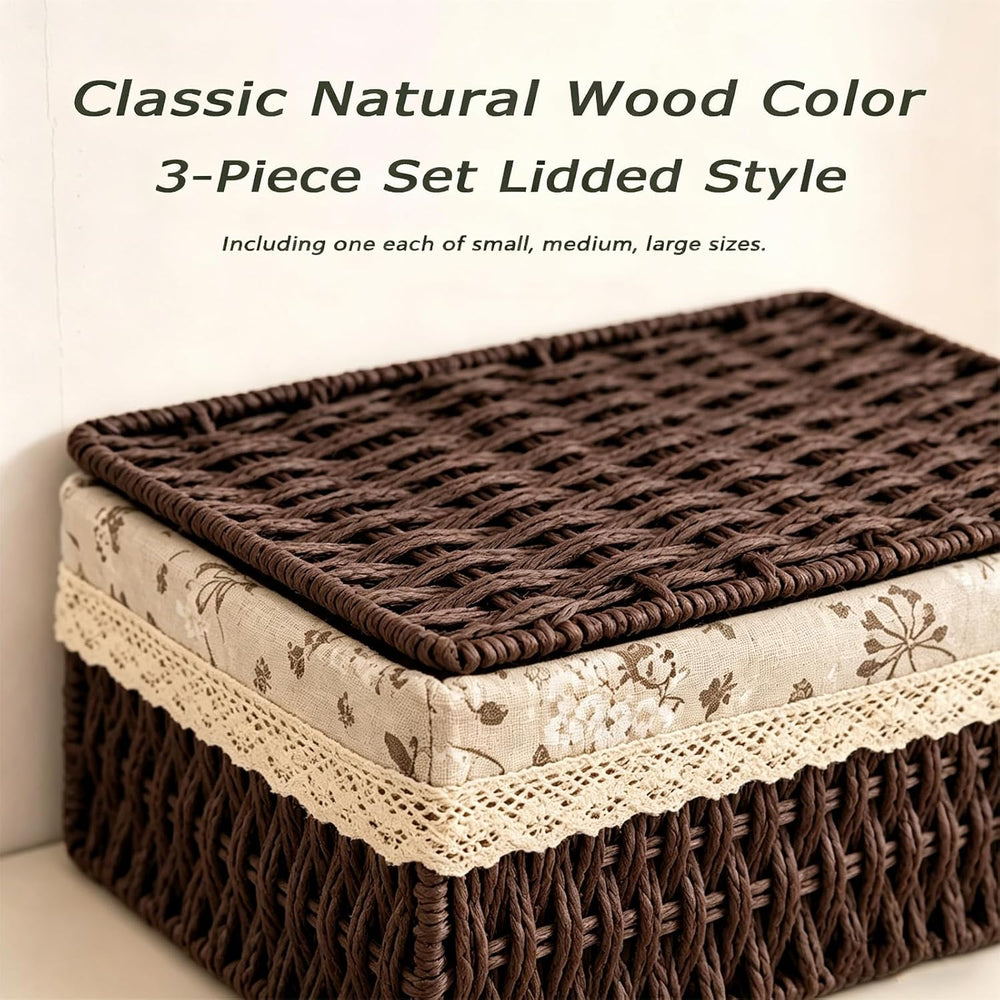 Wicker Storage Baskets with Lids, Set of 3 Nesting Natural Rattan Organizer B...