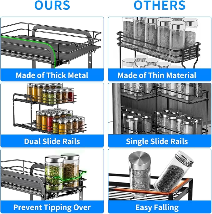 RCHYFEED Spice Rack, 2 Tier Pull out Cabinet Spice Organizer, Height Adjustable