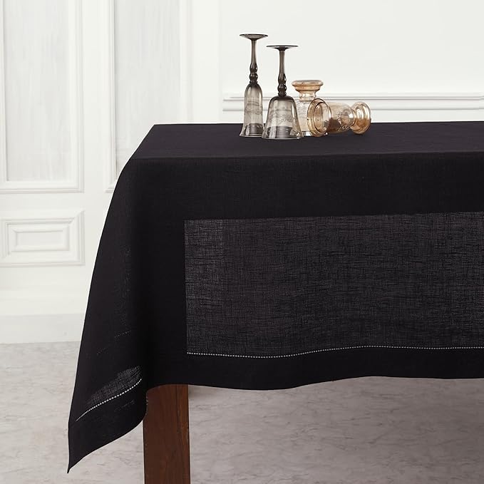 Solino Home Black Linen Tablecloth 52 x 52 Inch - 100% Pure Linen Square Tabl...