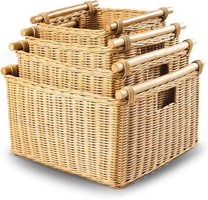 The Basket Lady Deep Pole Handle Wicker Storage Basket, 11.5 in L x 11.5 in W x